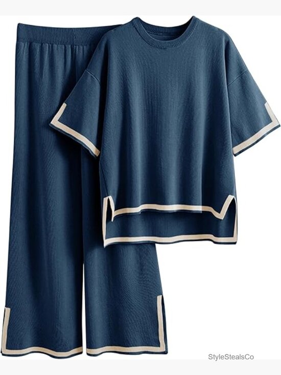 Pants - 2 Piece Lounge Set Short Sleeve Knit Pullover Top & Wide Leg Pants